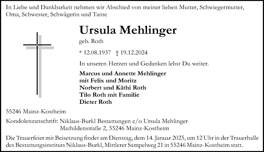  Traueranzeige für Ursula Mehlinger vom 04.01.2025 aus Allgemeine Zeitung Mainz