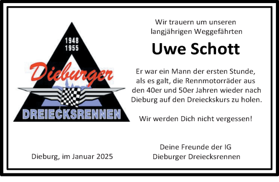 Traueranzeige von Uwe Schott von Dieburger Anzeiger/Groß-Zimmerner Lokal-Anzeiger