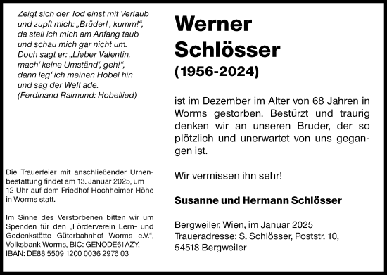 Traueranzeige von Werner Schlösser von Wormser Zeitung