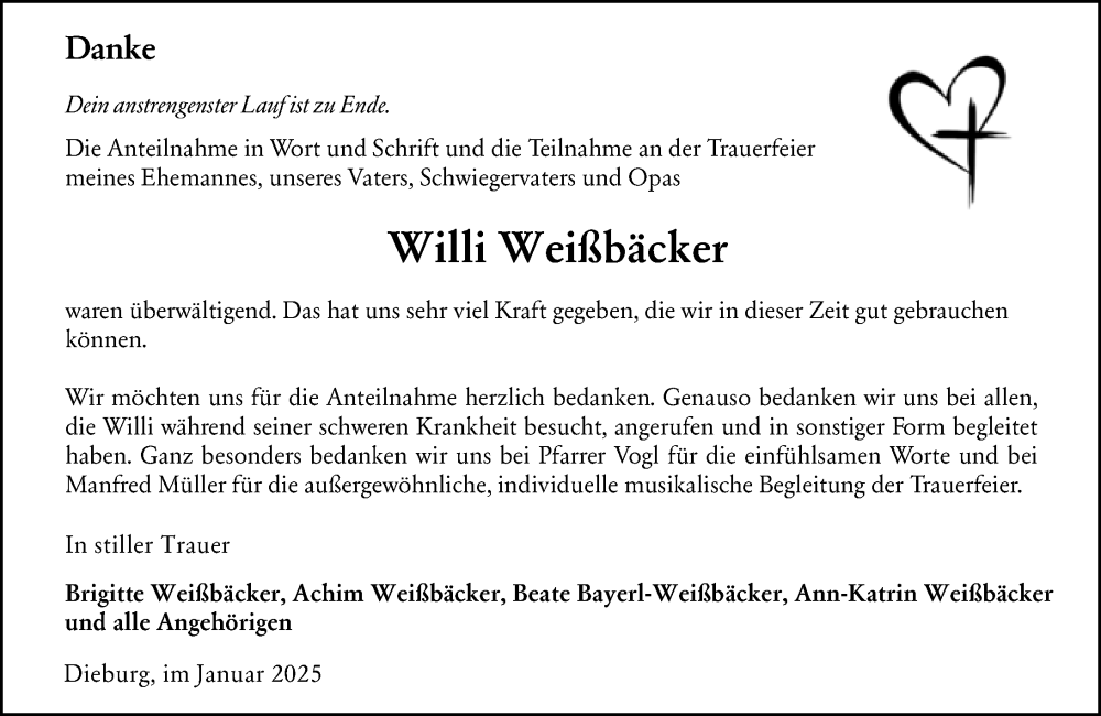  Traueranzeige für Willi Weißbäcker vom 18.01.2025 aus Dieburger Anzeiger/Groß-Zimmerner Lokal-Anzeiger