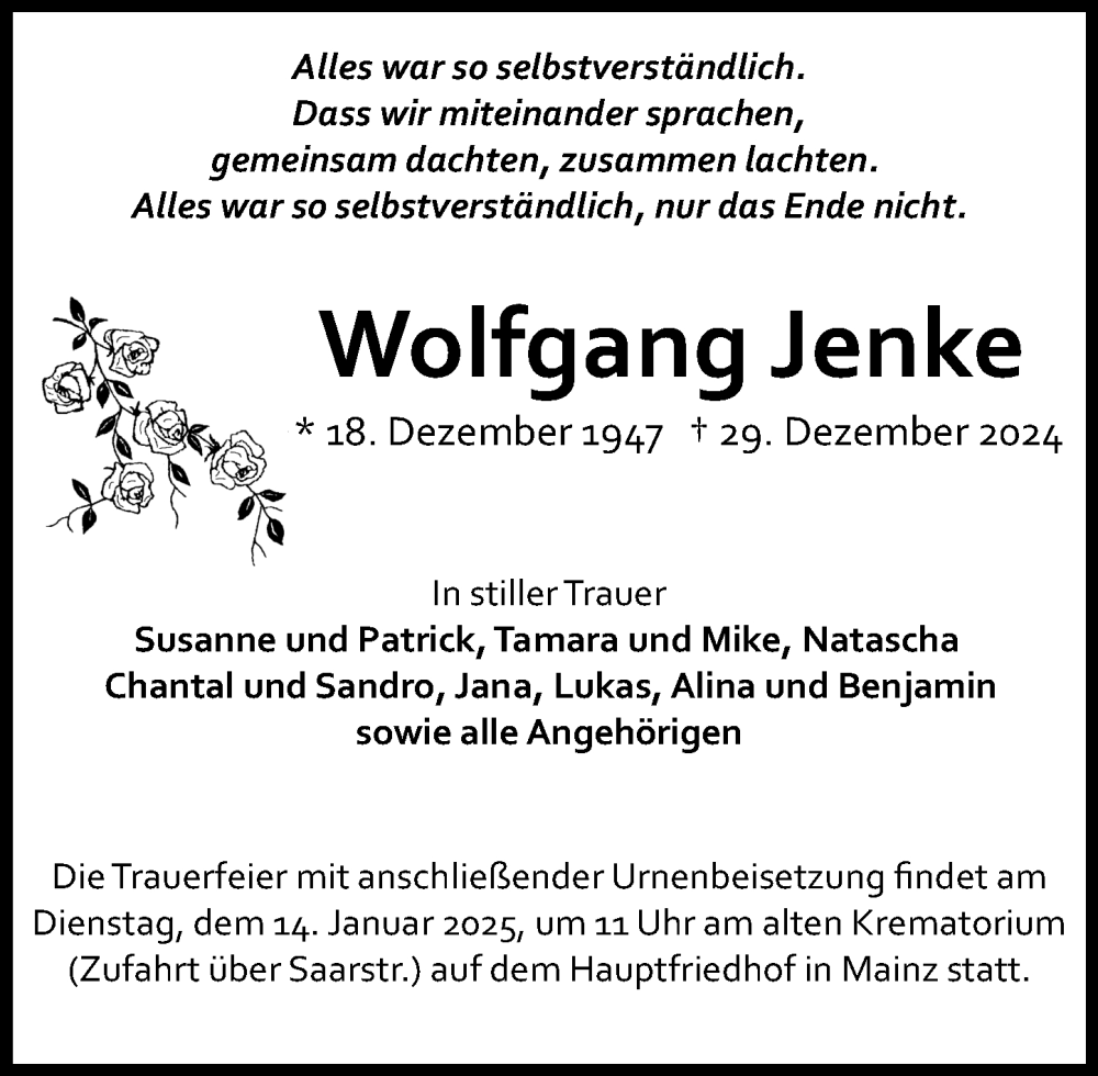  Traueranzeige für Wolfgang Jenke vom 11.01.2025 aus Allgemeine Zeitung Mainz