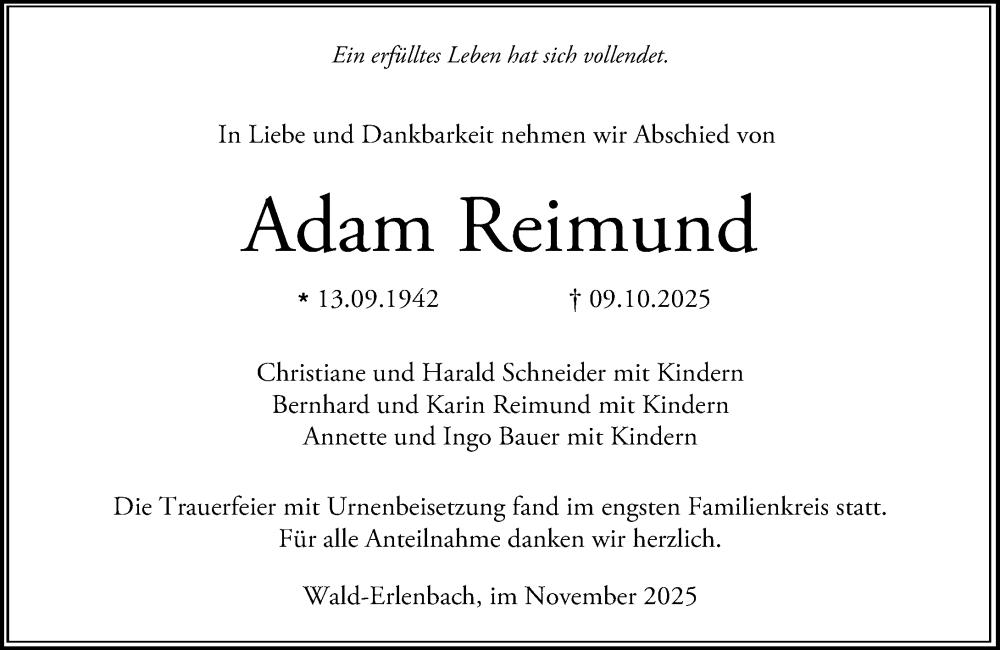  Traueranzeige für Adam Reimund vom 01.11.2025 aus Starkenburger Echo