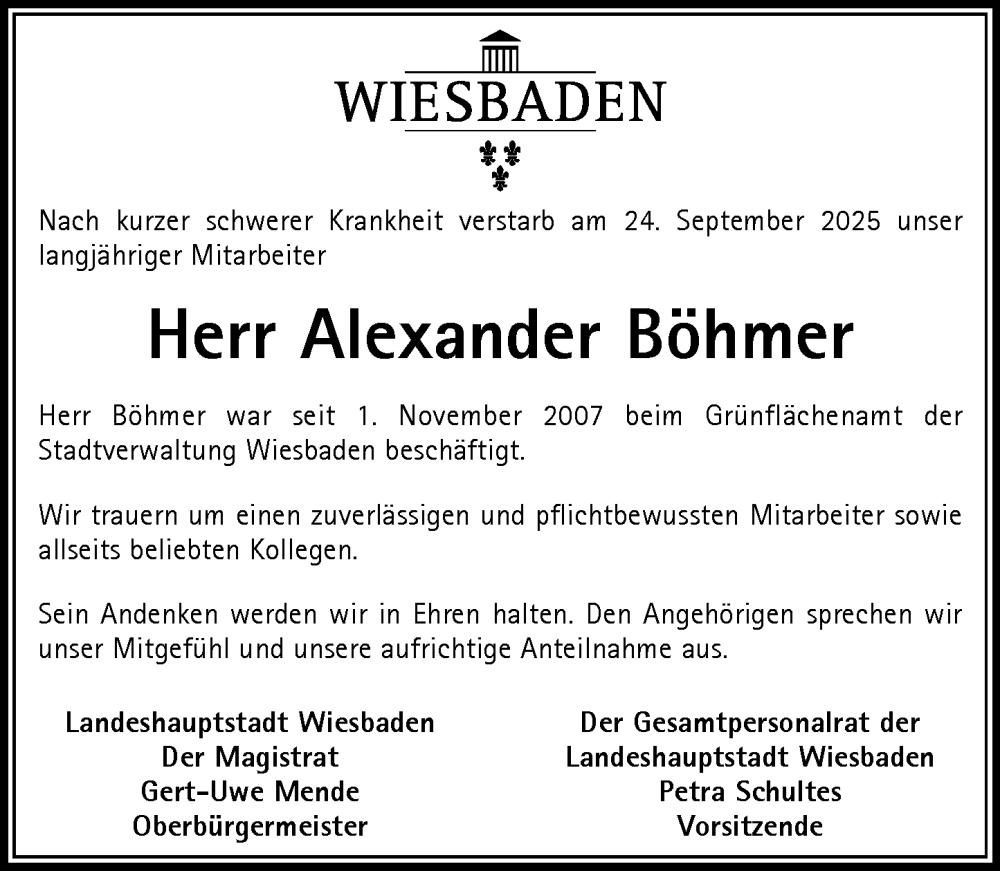  Traueranzeige für Alexander Böhmer vom 04.10.2025 aus Wiesbadener Kurier