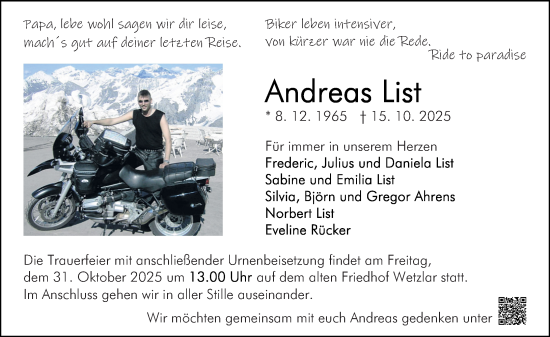 Traueranzeige von Andreas List von Wetzlarer Neue Zeitung