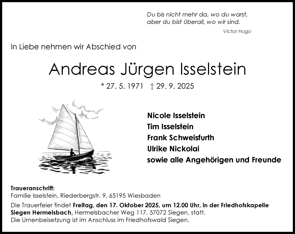  Traueranzeige für Andreas Jürgen Isselstein vom 10.10.2025 aus Wiesbadener Kurier