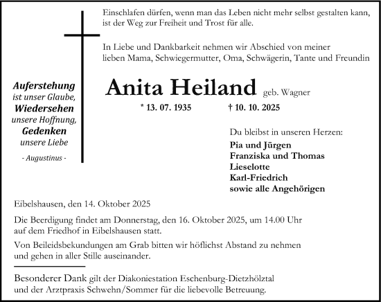 Traueranzeige von Anita Heiland von Dill Block