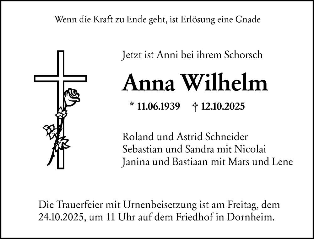  Traueranzeige für Anna Wilhelm vom 18.10.2025 aus Groß-Gerauer Echo
