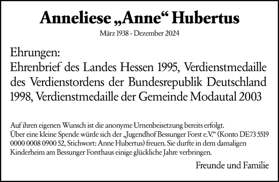 Traueranzeige von Anneliese Hubertus von Odenwälder Echo