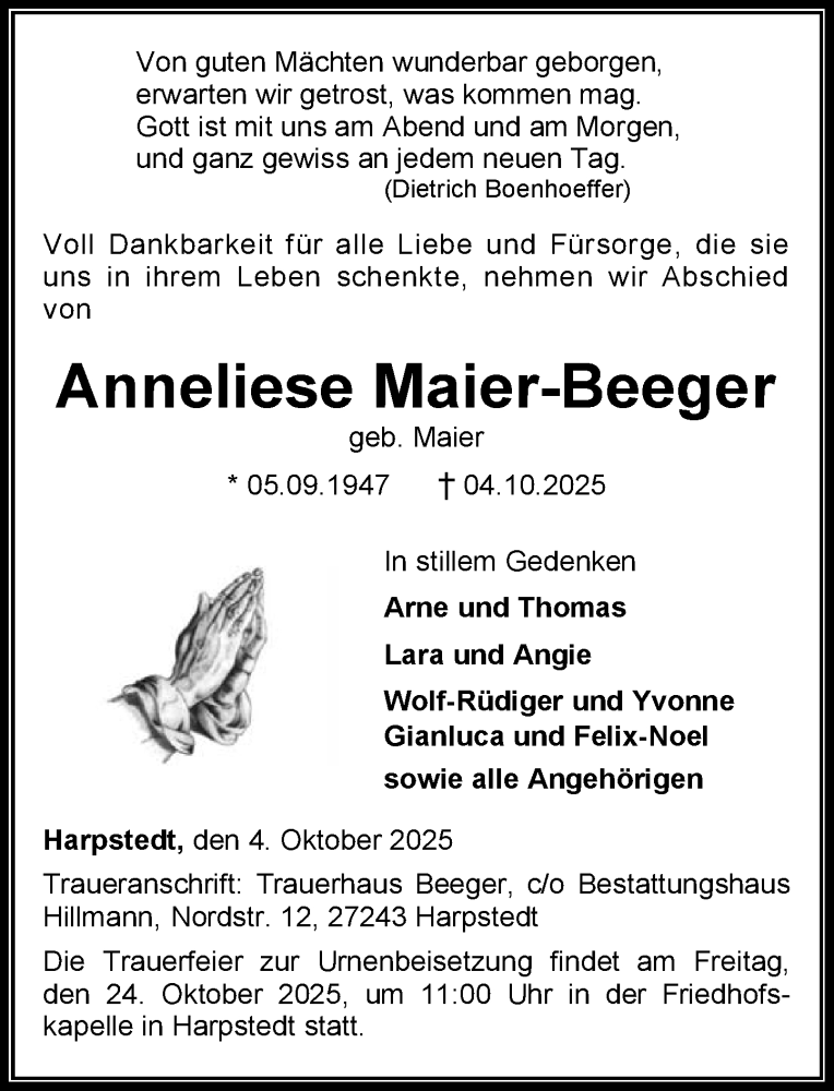  Traueranzeige für Anneliese Maier-Beeger vom 18.10.2025 aus Allgemeine Zeitung Rheinhessen-Nahe