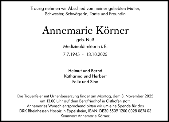 Traueranzeige von Annemarie Körner von Wormser Zeitung