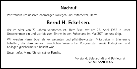 Traueranzeige von Bernd Eckel von Hinterländer Anzeiger