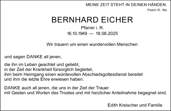 Traueranzeige von BERNHARD EICHER von Darmstädter Echo