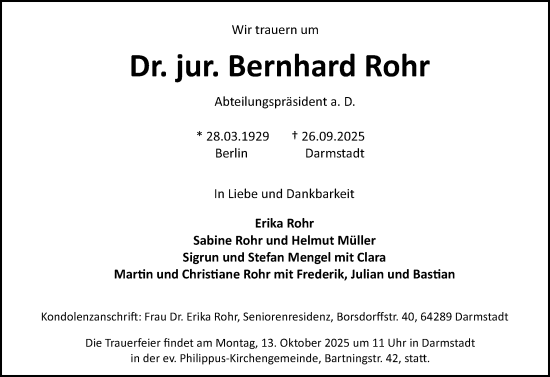 Traueranzeige von Bernhard Rohr von Darmstädter Echo