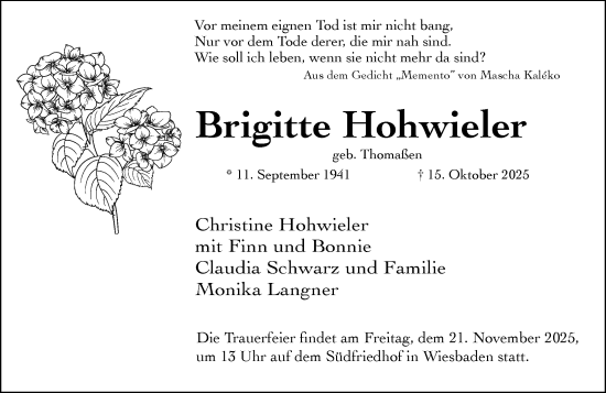Traueranzeige von Brigitte Hohwieler von Wiesbadener Kurier