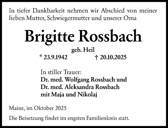 Traueranzeige von Brigitte Rossbach von Wiesbadener Kurier