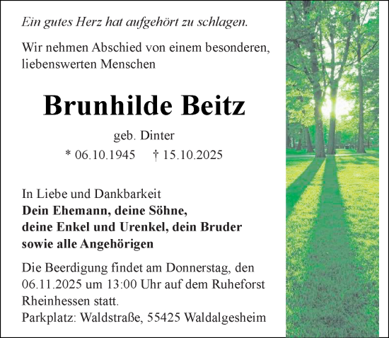 Traueranzeige von Brunhilde Beitz von Allgemeine Zeitung Mainz