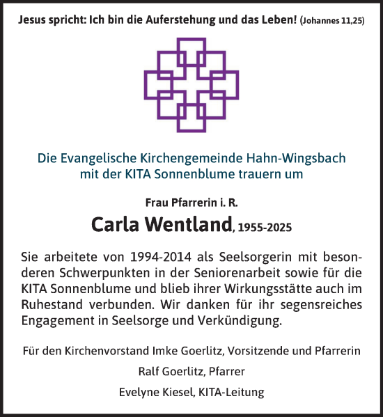 Traueranzeige von Carla Wentland von Idsteiner Land/Untertaunus