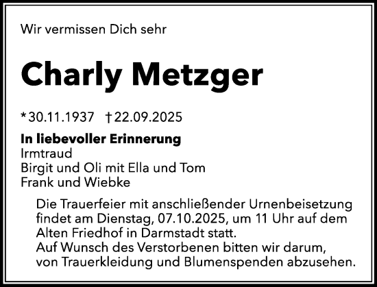 Traueranzeige von Charly Metzger von Darmstädter Echo