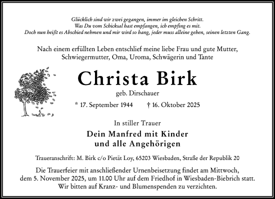 Traueranzeige von Christa Birk von Wiesbadener Kurier