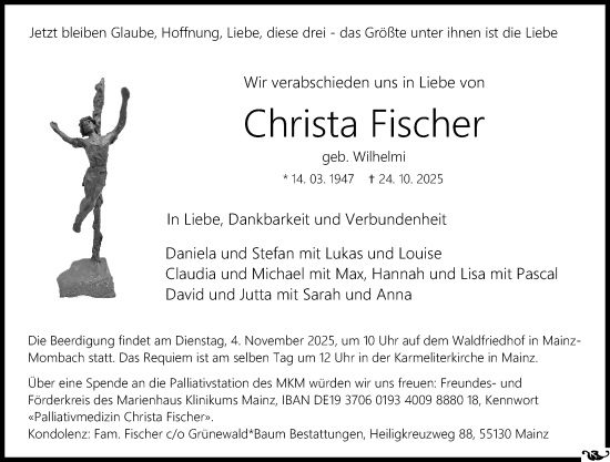 Traueranzeige von Christa Fischer von Allgemeine Zeitung Mainz