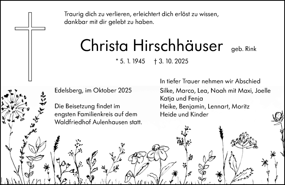  Traueranzeige für Christa Hirschhäuser vom 18.10.2025 aus Weilburger Tageblatt