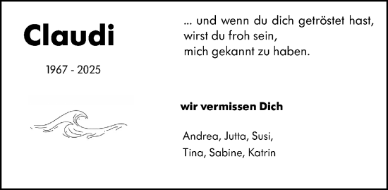 Traueranzeige von Claudi  von Dill Block