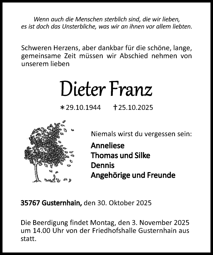  Traueranzeige für Dieter Franz vom 30.10.2025 aus Dill Block