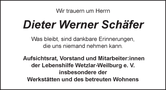 Traueranzeige von Dieter Werner Schäfer von Weilburger Tageblatt