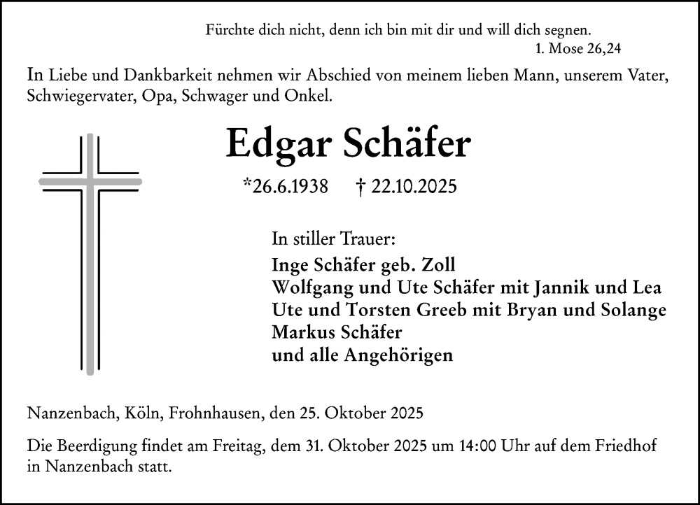  Traueranzeige für Edgar Schäfer vom 25.10.2025 aus Dill Block