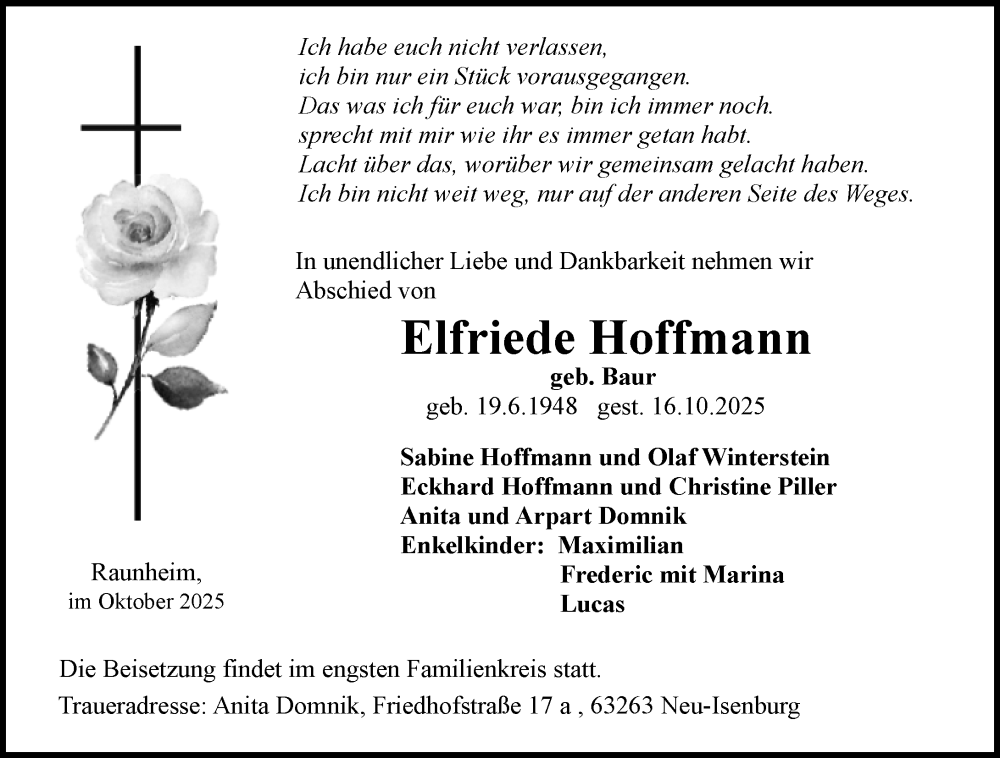  Traueranzeige für Elfriede Hoffmann vom 25.10.2025 aus Rüsselsheimer Echo