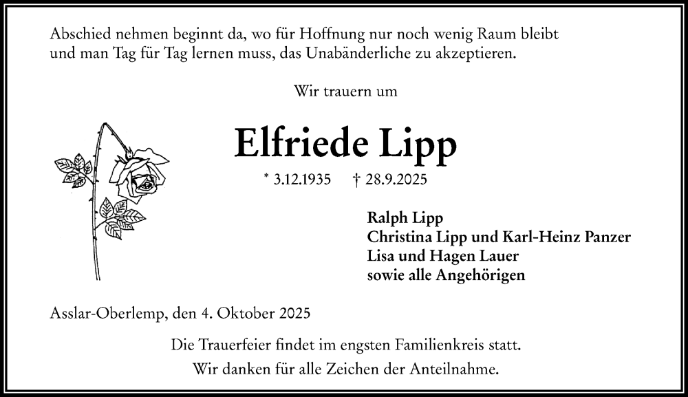  Traueranzeige für Elfriede Lipp vom 04.10.2025 aus Wetzlarer Neue Zeitung