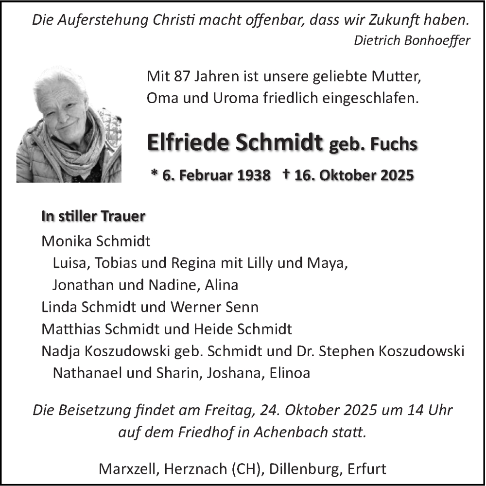  Traueranzeige für Elfriede Schmidt vom 20.10.2025 aus Hinterländer Anzeiger