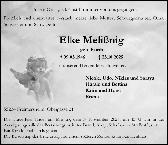 Traueranzeige von Elke Melißnig von Allgemeine Zeitung Alzey