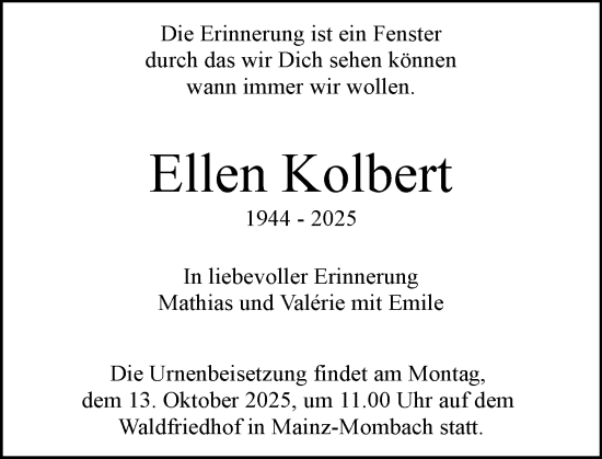 Traueranzeige von Ellen Kolbert von Allgemeine Zeitung Mainz