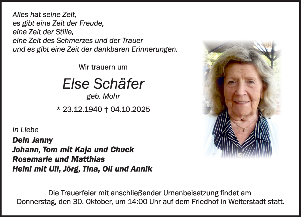  Traueranzeige für Else Schäfer vom 25.10.2025 aus Darmstädter Echo