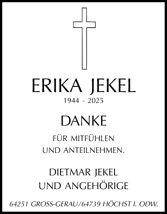 Traueranzeige von Erika Jekel von Odenwälder Echo