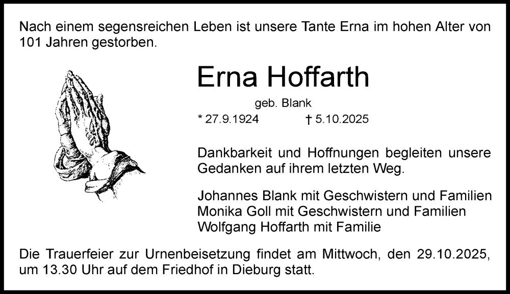  Traueranzeige für Erna Hoffarth vom 25.10.2025 aus Dieburger Anzeiger/Groß-Zimmerner Lokal-Anzeiger