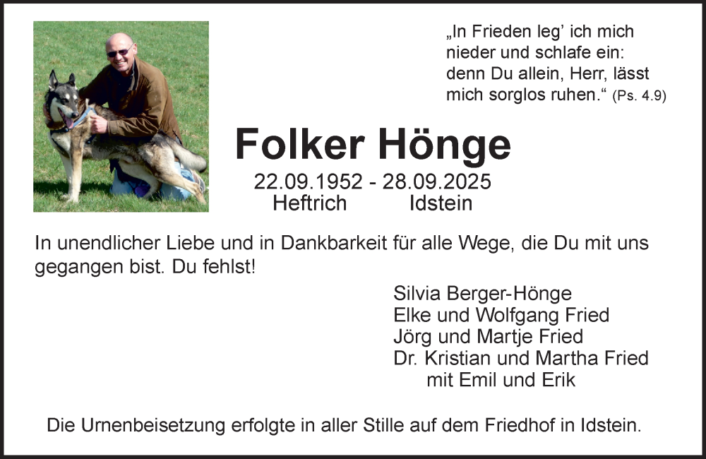  Traueranzeige für Folker Hönge vom 25.10.2025 aus Idsteiner Land/Untertaunus