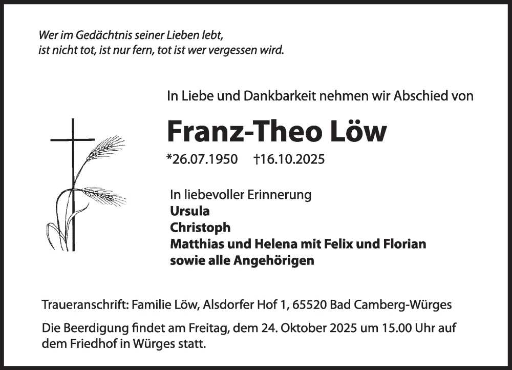  Traueranzeige für Franz-Theo Löw vom 23.10.2025 aus Camberger Anzeiger