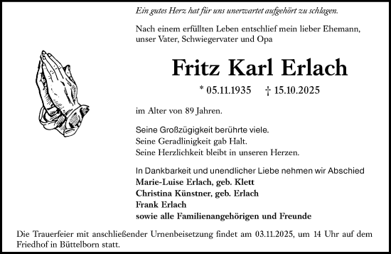 Traueranzeige von Fritz Karl Erlach von Groß-Gerauer Echo