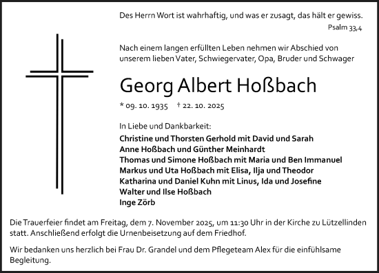 Traueranzeige von Georg Albert Hoßbach von Wetzlarer Neue Zeitung