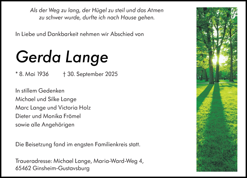  Traueranzeige für Gerda Lange vom 31.10.2025 aus Allgemeine Zeitung Mainz