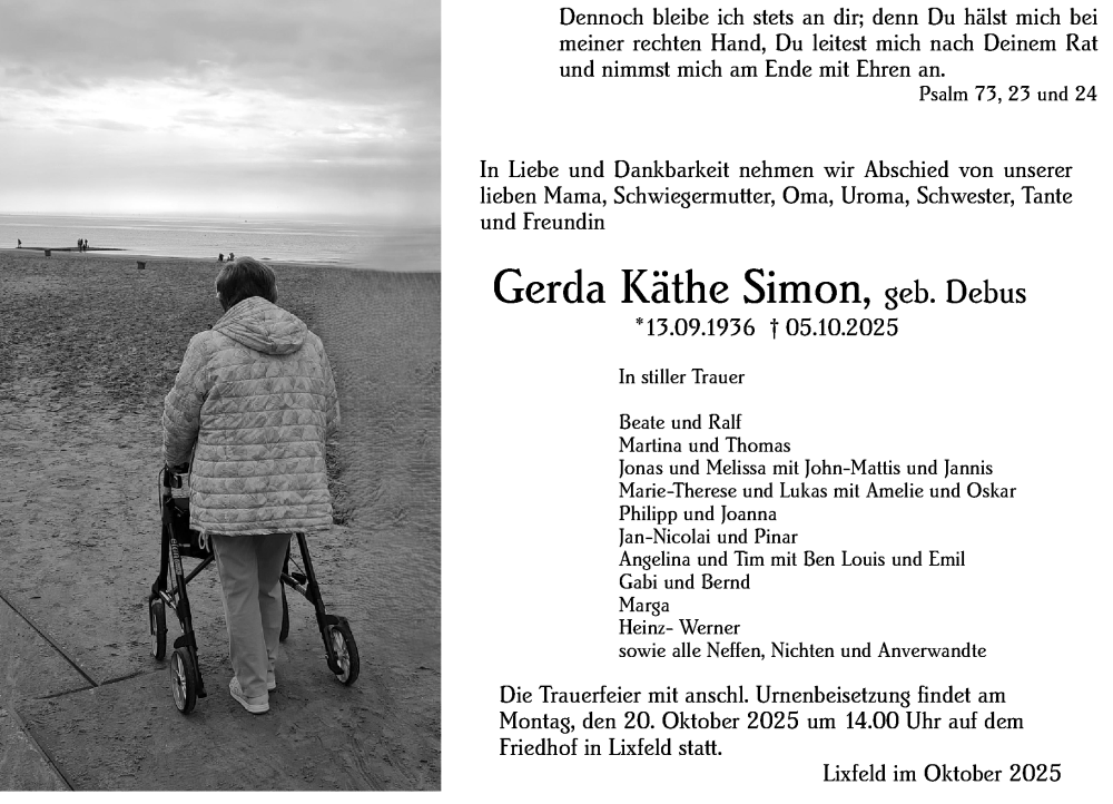  Traueranzeige für Gerda Käthe Simon vom 17.10.2025 aus Hinterländer Anzeiger