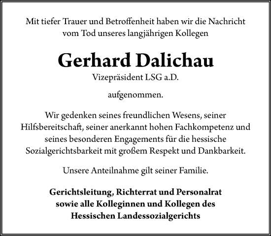 Traueranzeige von Gerhard Dalichau von Darmstädter Echo