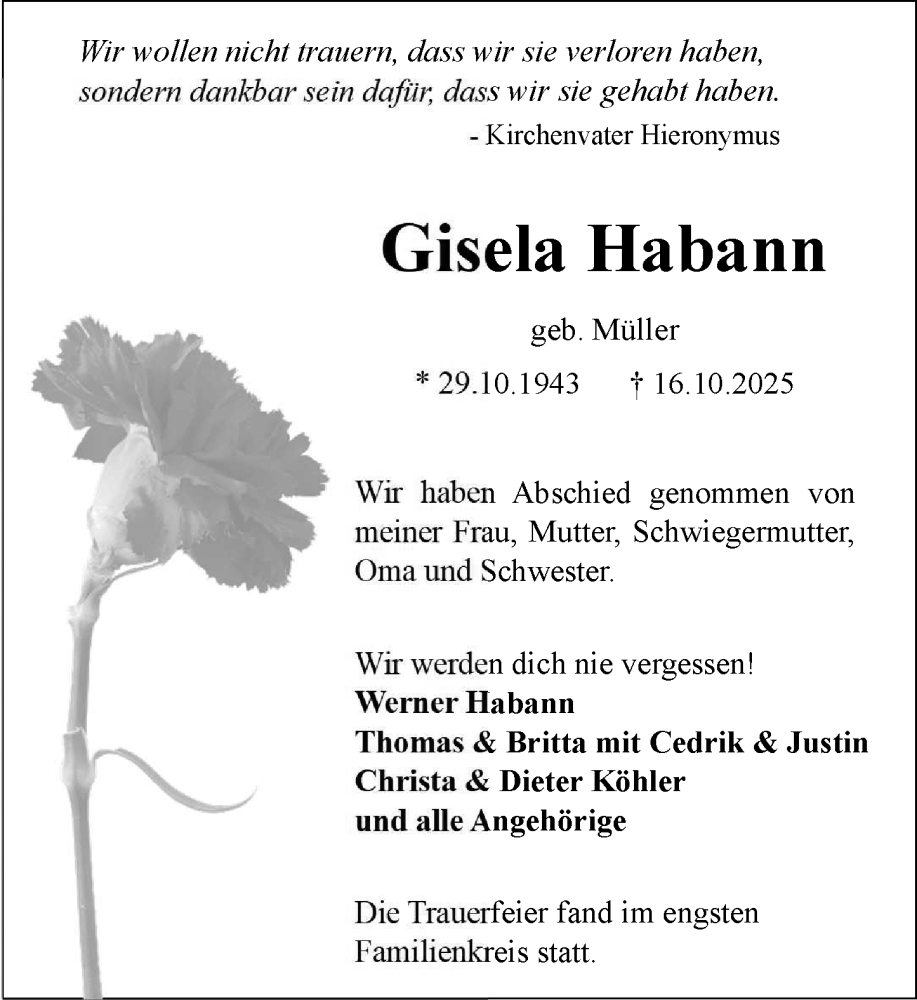  Traueranzeige für Gisela Habann vom 31.10.2025 aus Allgemeine Zeitung Mainz
