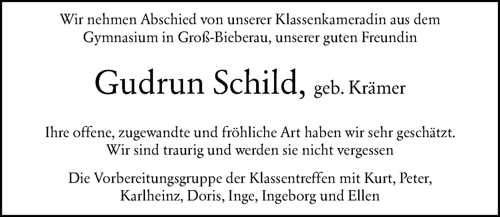  Traueranzeige für Gudrun Schild vom 01.11.2025 aus Darmstädter Echo