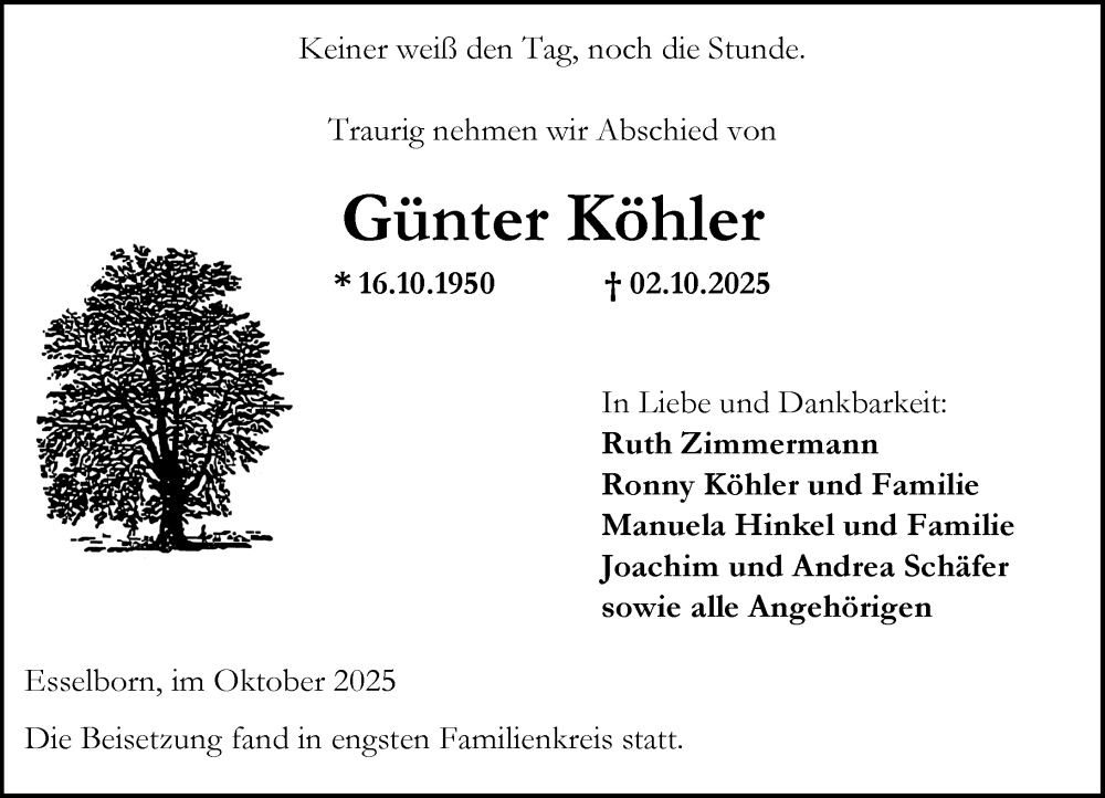  Traueranzeige für Günter Köhler vom 18.10.2025 aus Allgemeine Zeitung Alzey