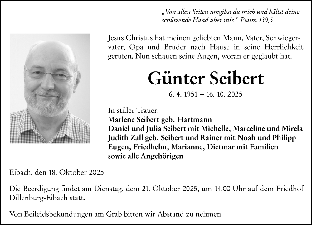  Traueranzeige für Günter Seibert vom 18.10.2025 aus Dill Block