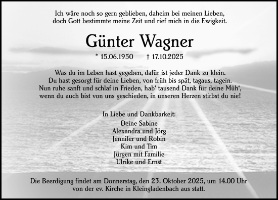 Traueranzeige von Günter Wagner von Hinterländer Anzeiger