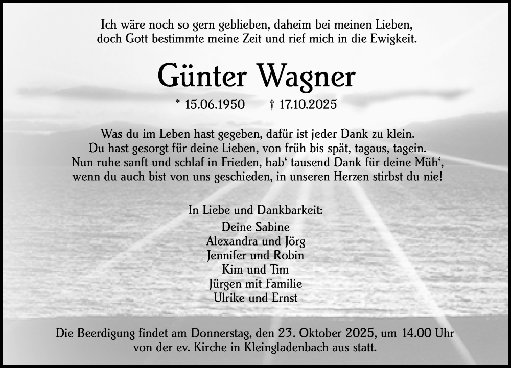  Traueranzeige für Günter Wagner vom 21.10.2025 aus Hinterländer Anzeiger
